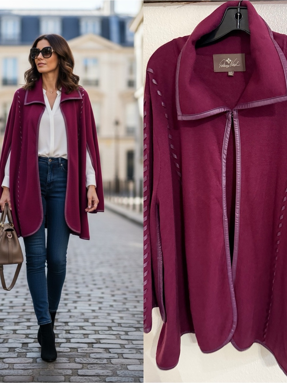 Patricia Nash Burgundy Cape Cardigan Whipstitch Trim XL/1X Boho Wrap